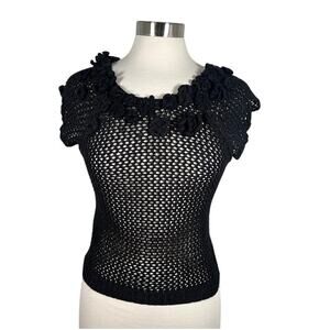 Anthro Knitted & Knotted Black Sheer Crochet Top S/M Tie Back Floral Accent